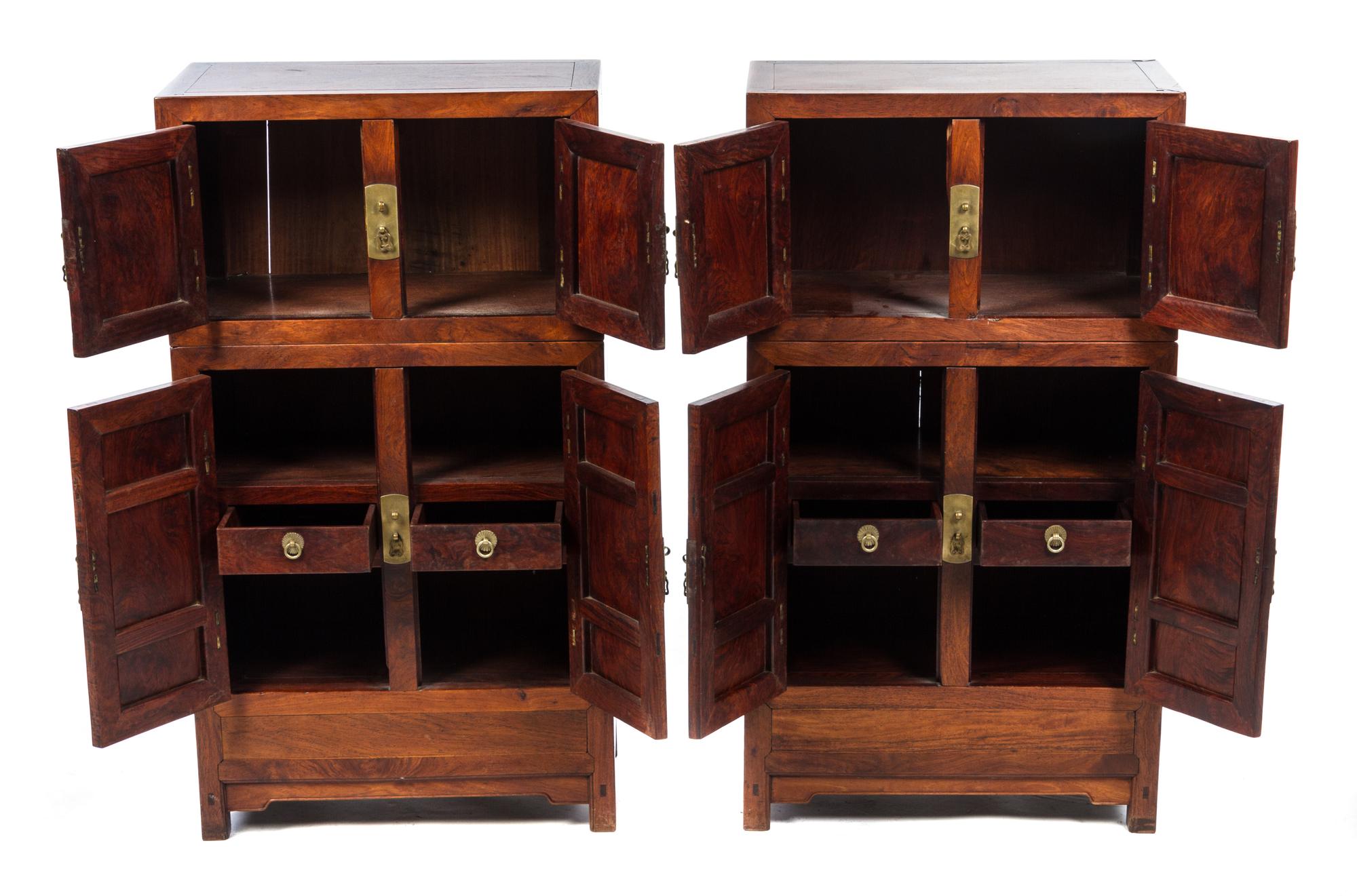 A Pair of Chinese Brass Mounted Huali Diminutive Compound Cabinets Overall height 34 3/4 x width 19 x depth 11 inches.