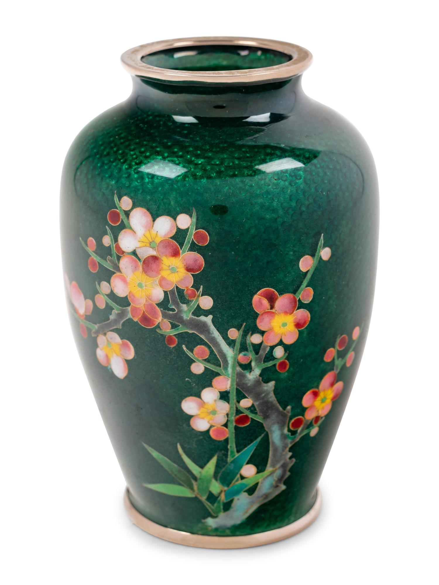 Five Japanese Green Ground Cloisonné Enamel and Embossed Foil 'Ginbari' Vases