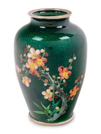 Five Japanese Green Ground Cloisonné Enamel and Embossed Foil 'Ginbari' Vases
