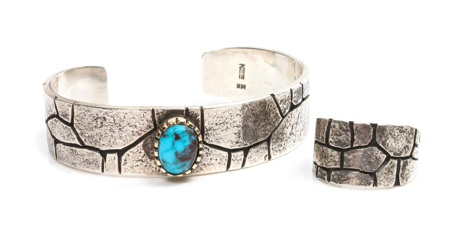 A Navajo Silver, Turquoise and 14 Karat Cuff and Matching Ring, Kee Yazzie (b. 1969) Length of cuff 6 x opening 1 x width 5/8 inches.