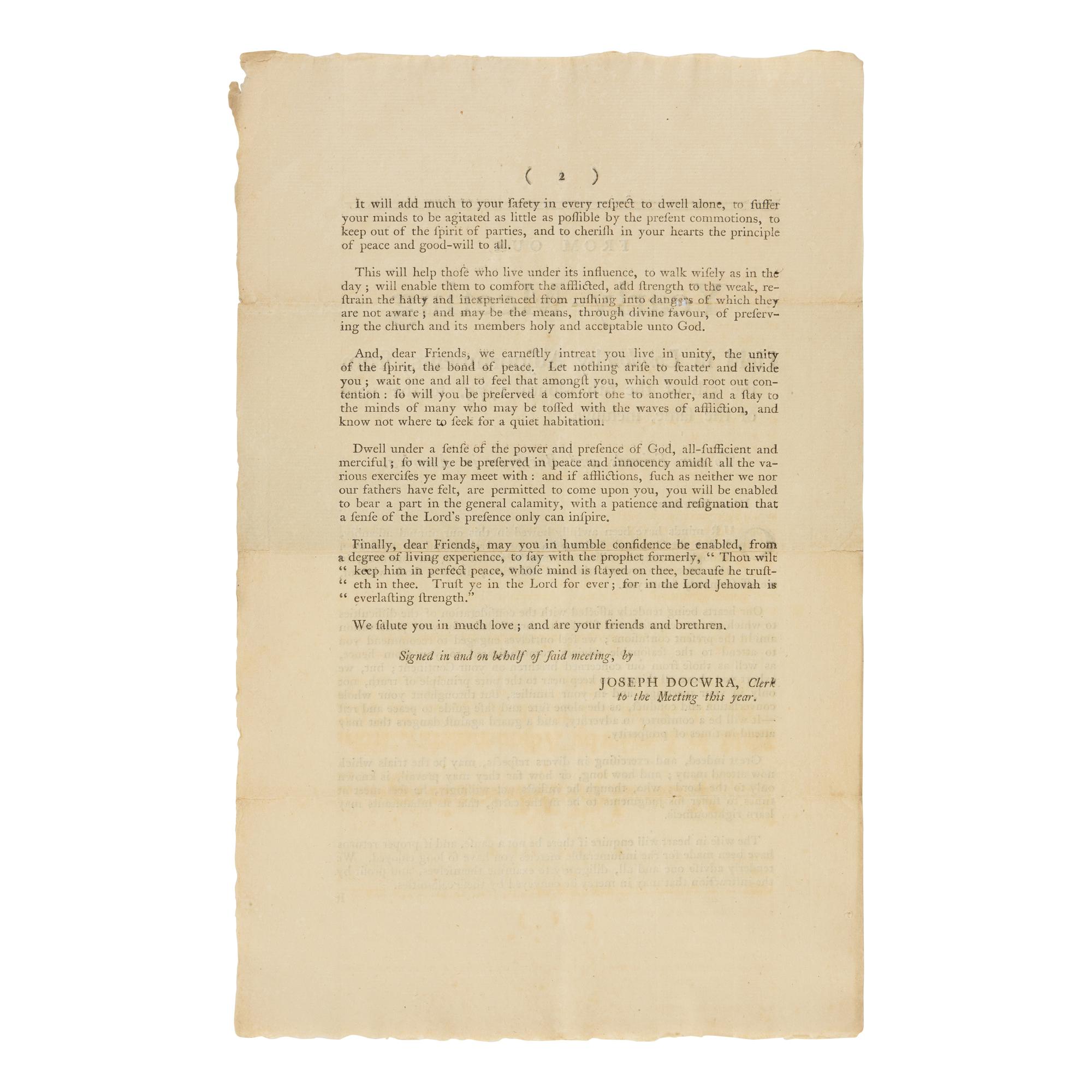 [Quakers] Docwra, Joseph. From Our Yearly-Meeting, Held in London by Adjournments, from the 5th of the 6th Month 1775, to the 10th of the Same