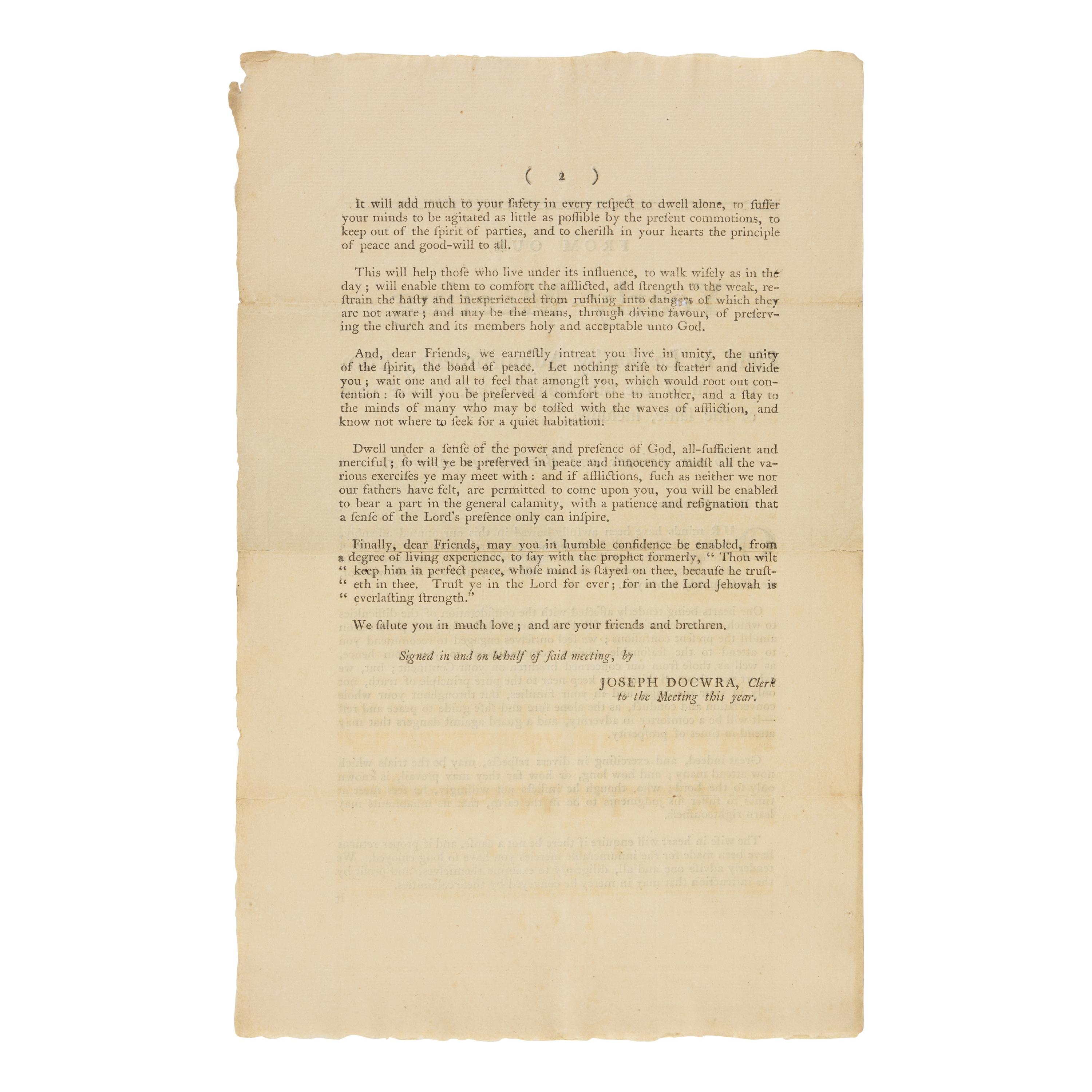 [Quakers] Docwra, Joseph. From Our Yearly-Meeting, Held in London by Adjournments, from the 5th of the 6th Month 1775, to the 10th of the Same