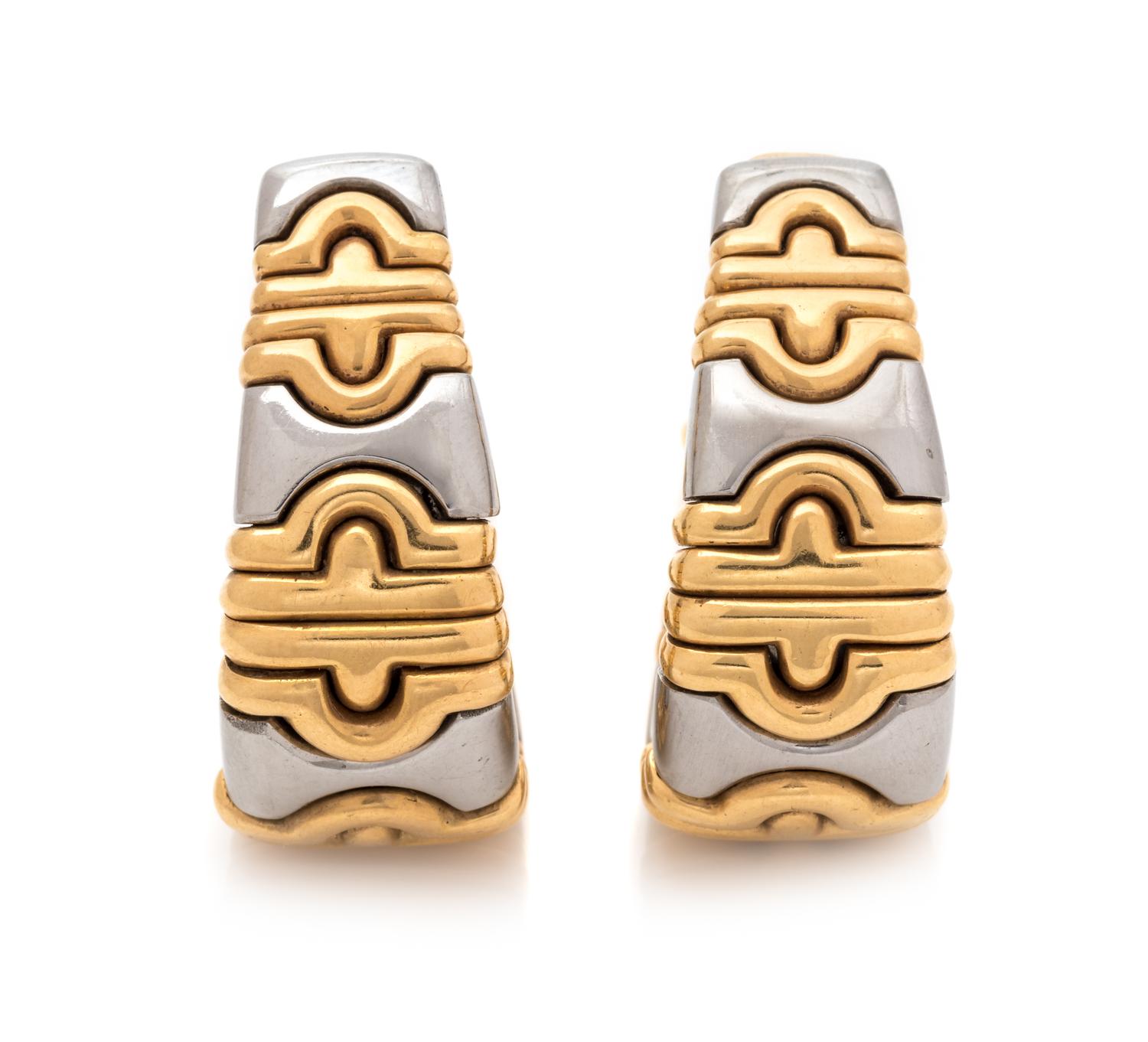 A Pair of Yellow Gold and Stainless Steel 'Parentesi' Hoop Earclips, Bvlgari, 21.30 dwts.