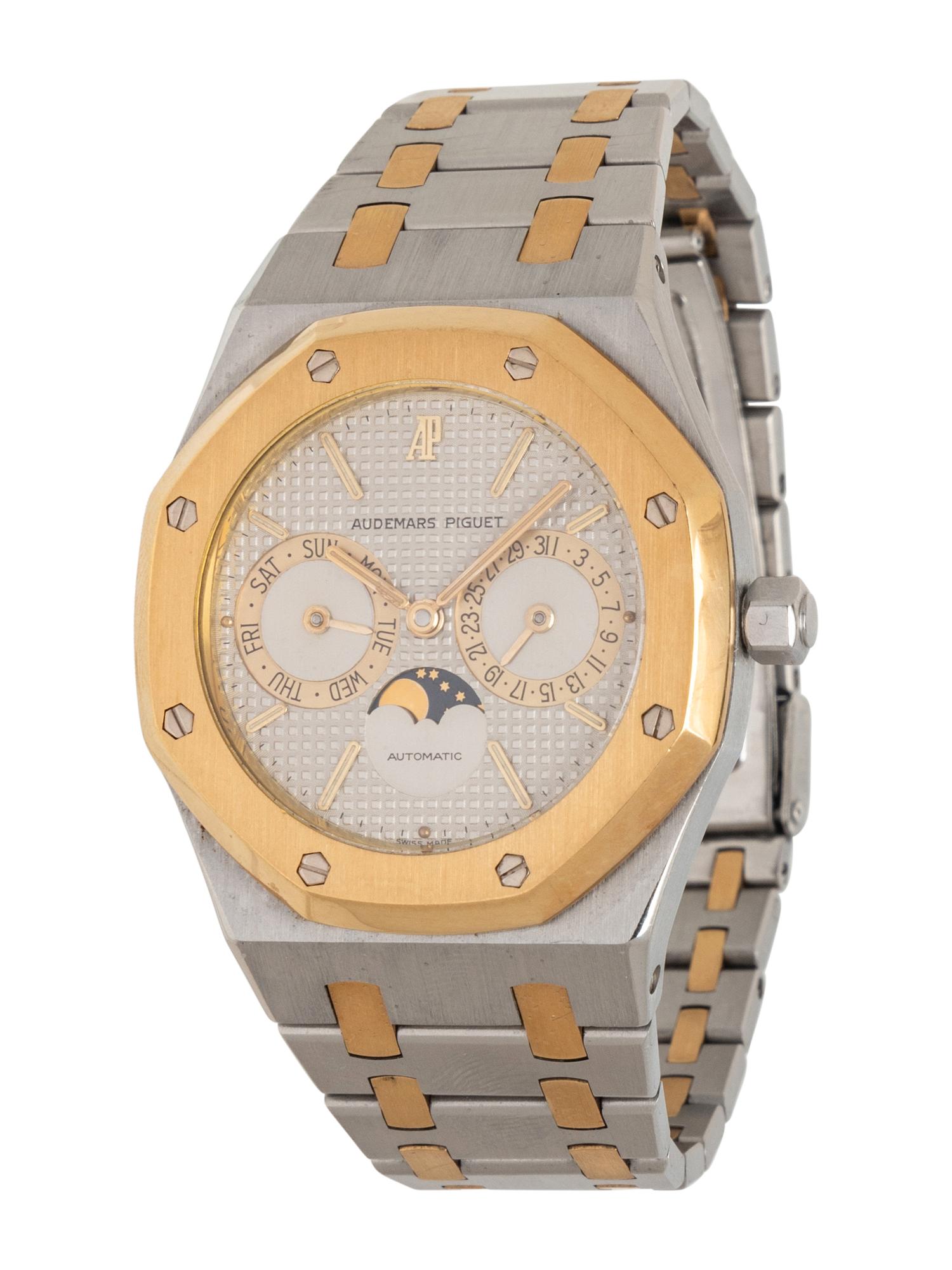 AUDEMARS PIGUET, REF. 25594SA STAINLESS STEEL AND 18K YELLOW GOLD 'ROYAL OAK' DAY DATE MOON PHASE WATCH
