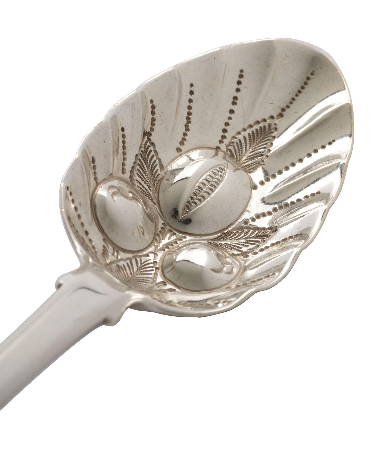 An English Silver Cranberry Spoon, Sauce Ladle and Slotted Ladle