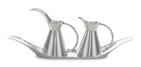 A Mexican Silver Creamer and Milk Pot Tray, Sanborns, Mexico City, 20th Century, with conical bodies and oversized spouts, the oval tra