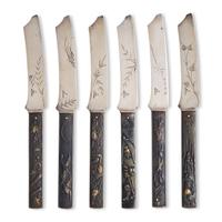 A Set of Six Sterling Silver and Mixed Metal "Japonesque" Fruit Knives