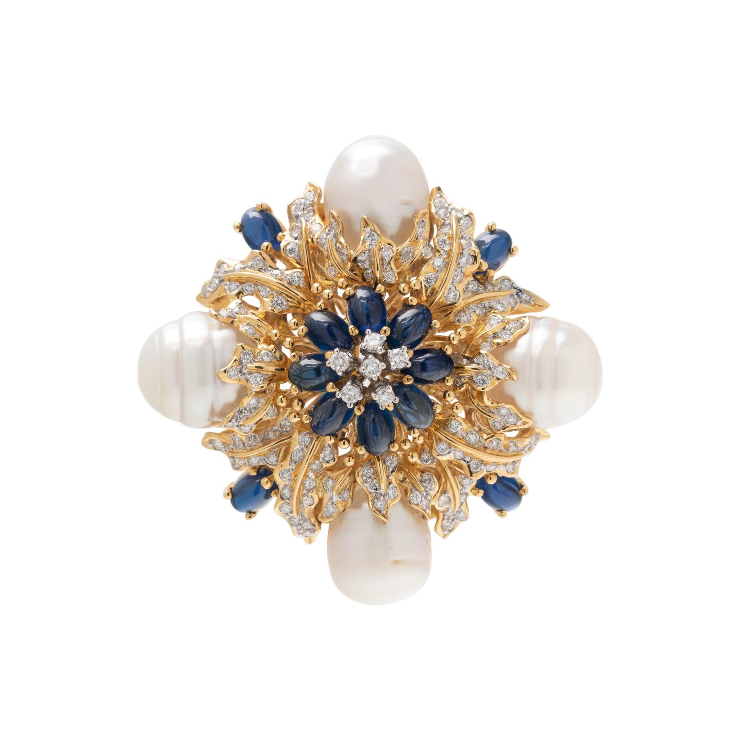 SAPPHIRE, DIAMOND AND CULTURED PEARL PENDANT/BROOCH