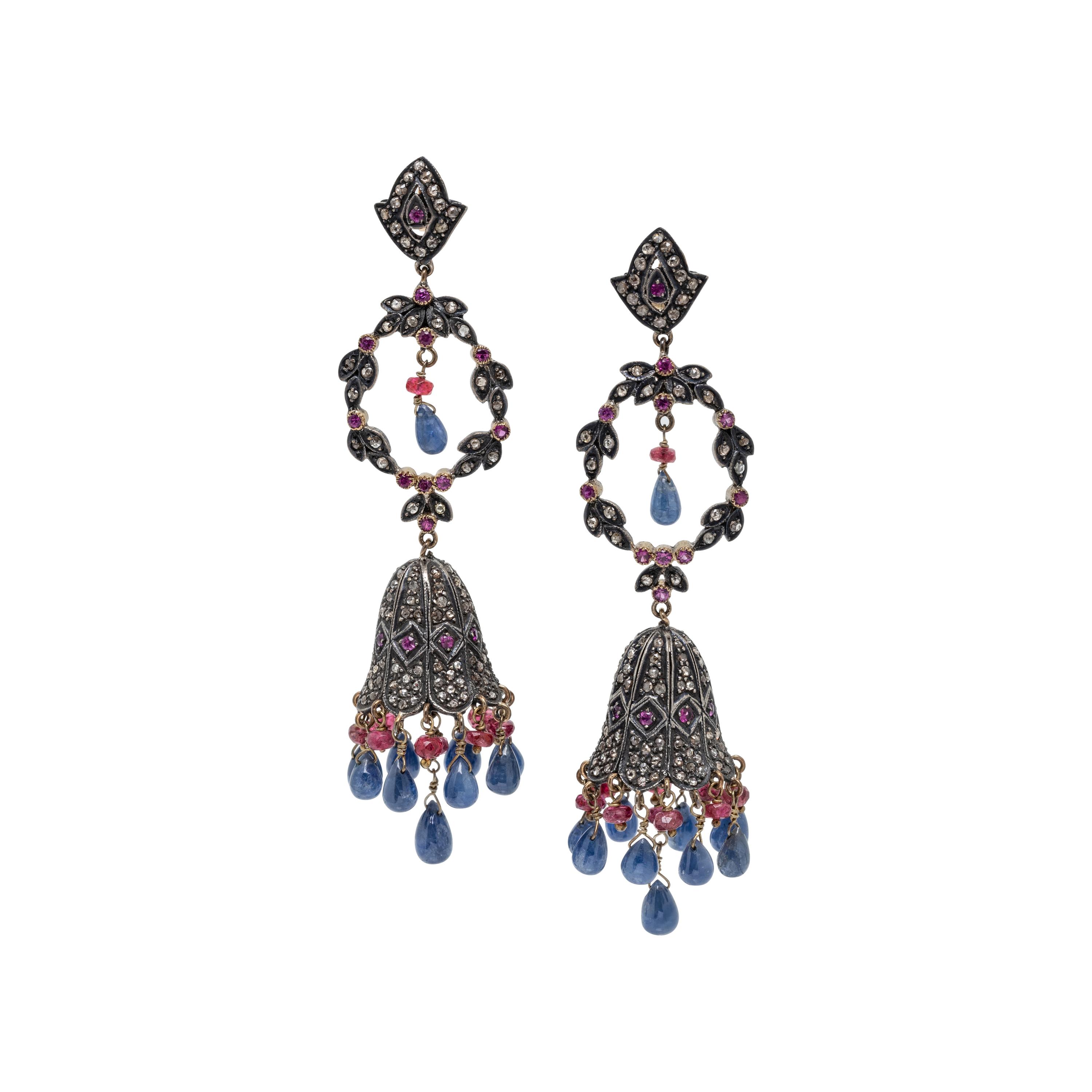 RUBY, SAPPHIRE, AND DIAMOND PENDANT EARRINGS