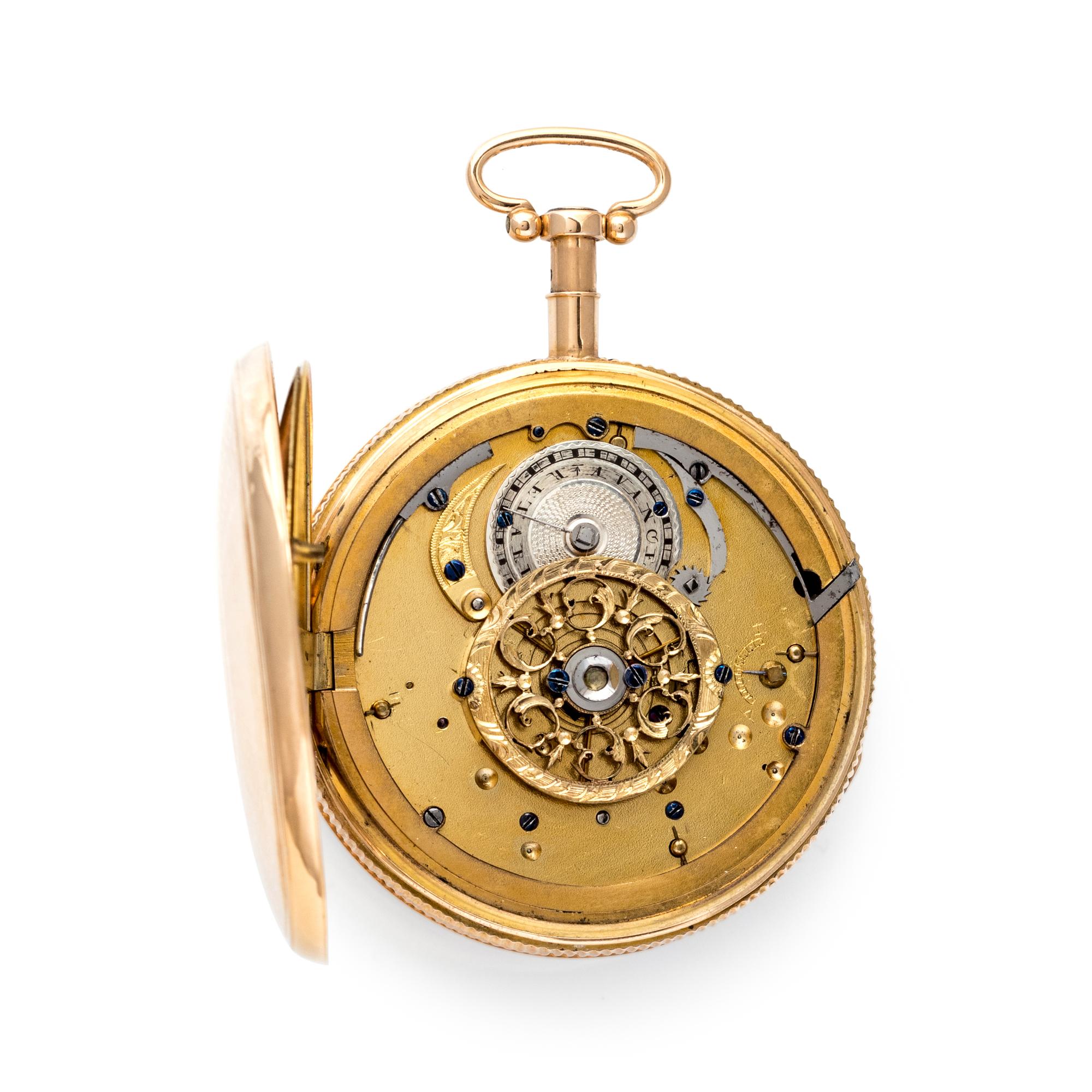 18K YELLOW GOLD AND ENAMEL AUTOMATON QUARTER REPEATER OPEN FACE POCKET WATCH