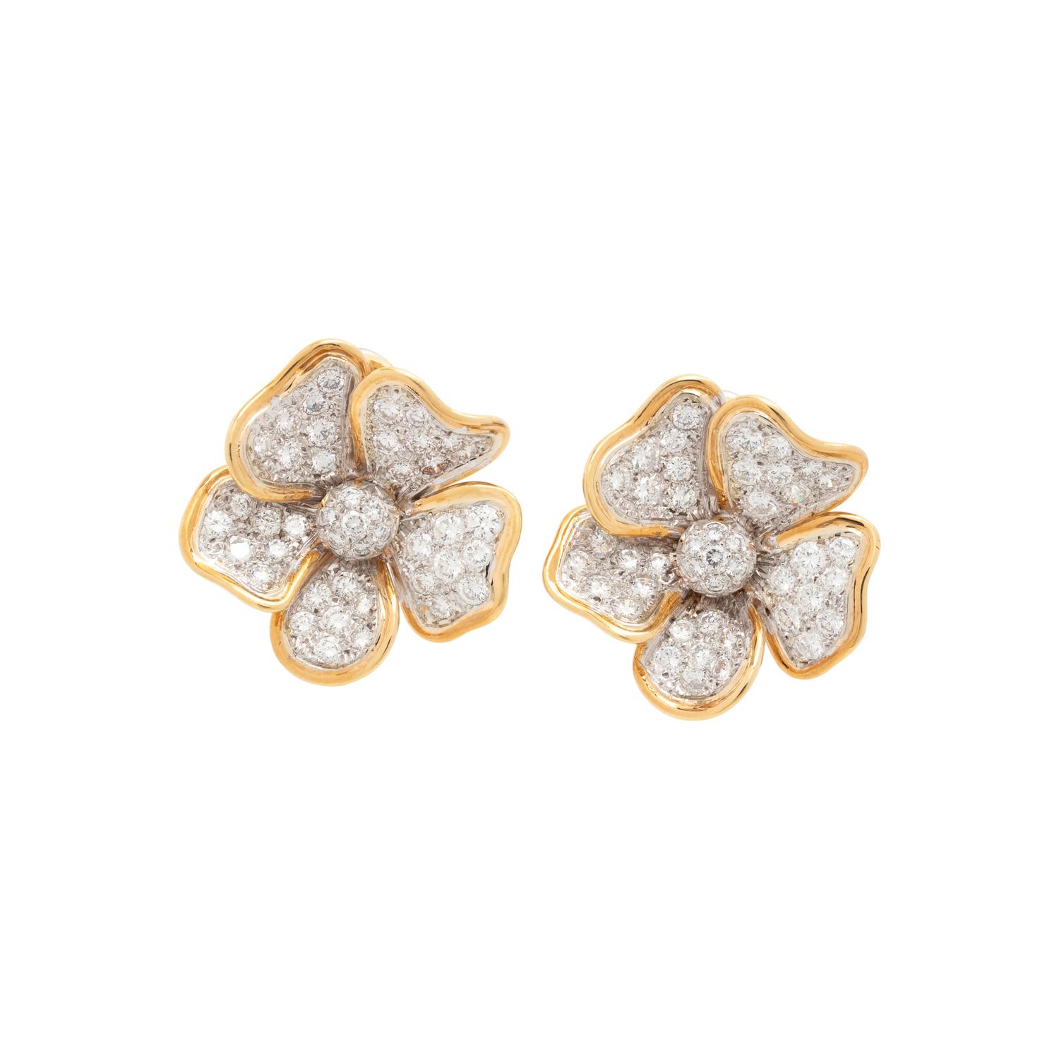 BICOLOR GOLD AND DIAMOND FLOWER EARCLIPS