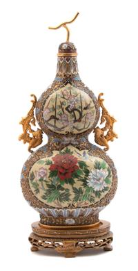 A Chinese Enameled and Cloisonne Gourd-form Lidded Vase Height 14 1/4 inches. — 20TH CENTURY