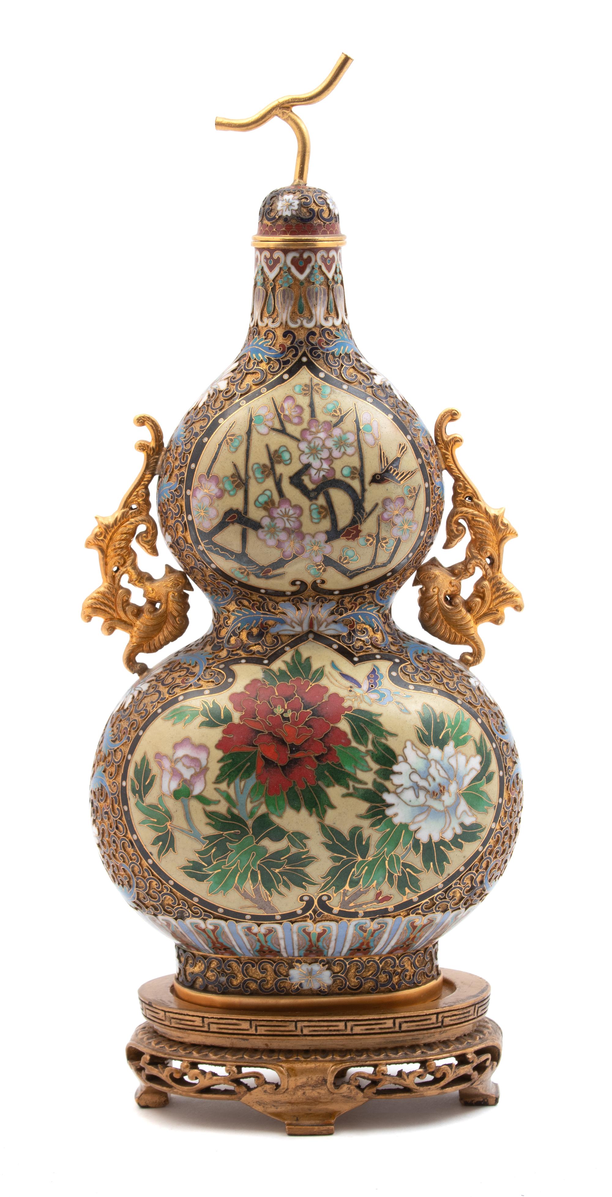 A Chinese Enameled and Cloisonne Gourd-form Lidded Vase Height 14 1/4 inches. — 20TH CENTURY