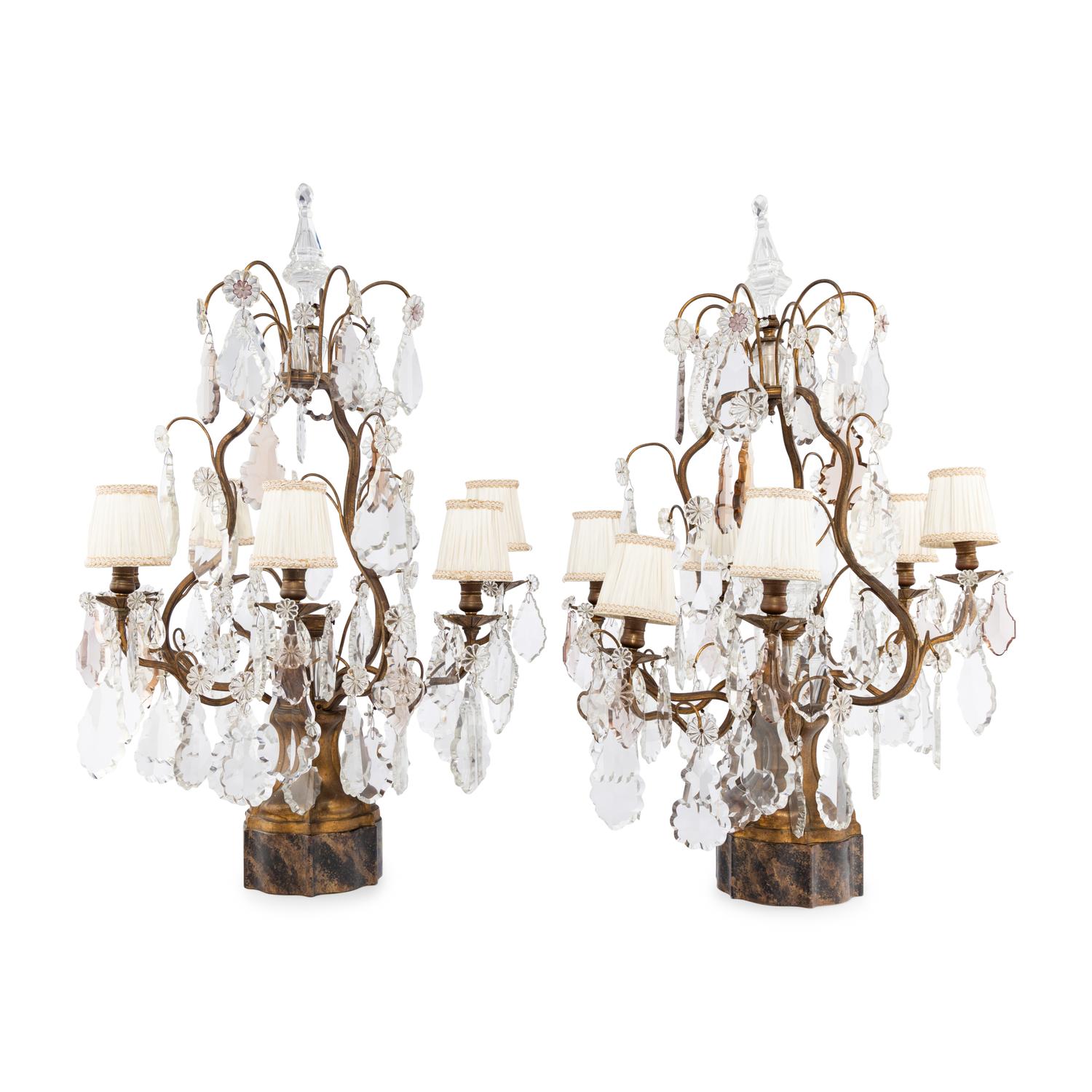 A Pair of French Gilt Metal and Cut Glass Six-Light Girandole Lamps