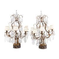 A Pair of French Gilt Metal and Cut Glass Six-Light Girandole Lamps