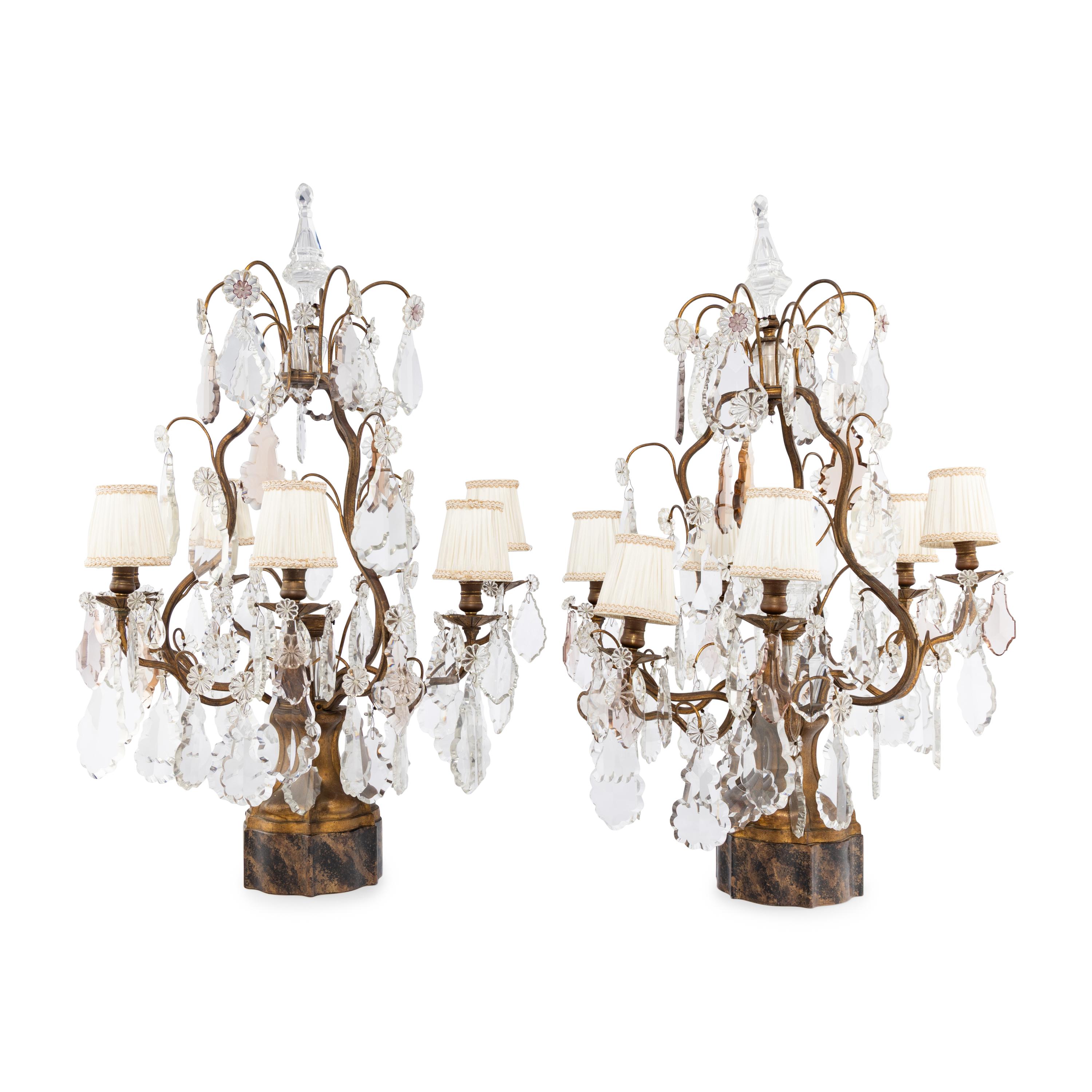 A Pair of French Gilt Metal and Cut Glass Six-Light Girandole Lamps