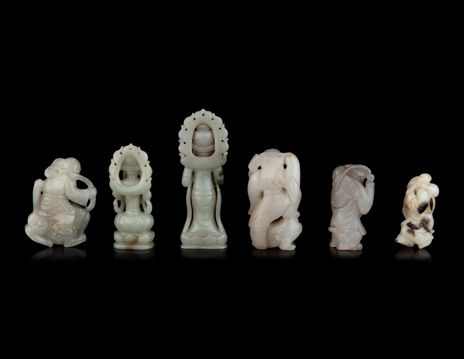 Six Chinese Pale Celadon Jade Figures