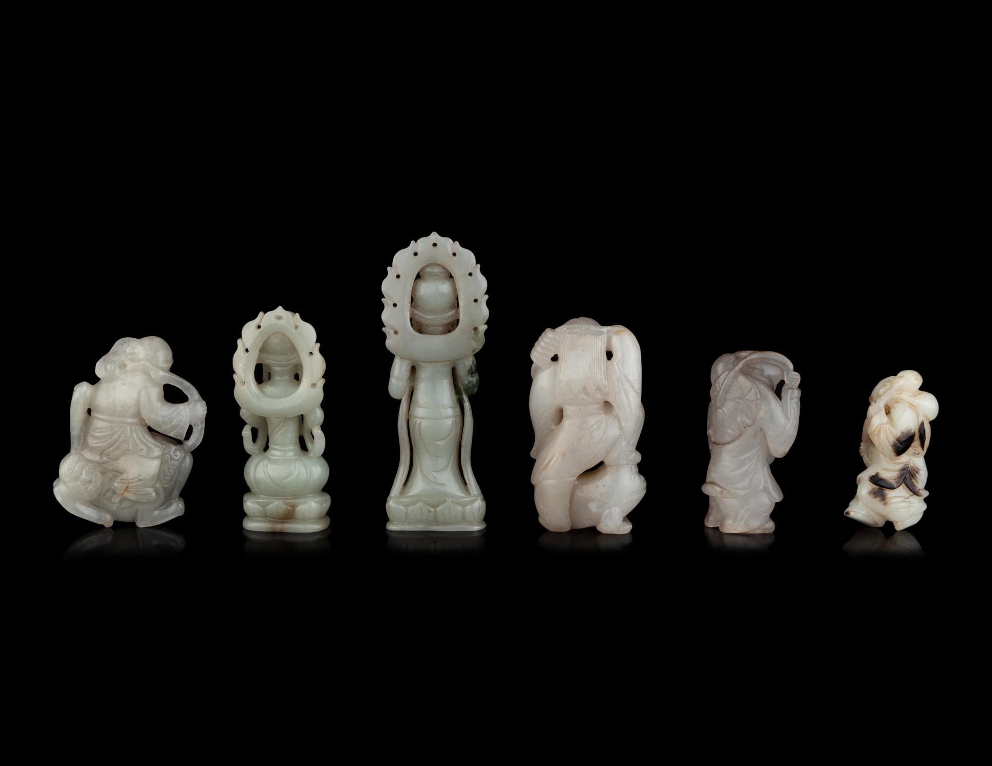 Six Chinese Pale Celadon Jade Figures