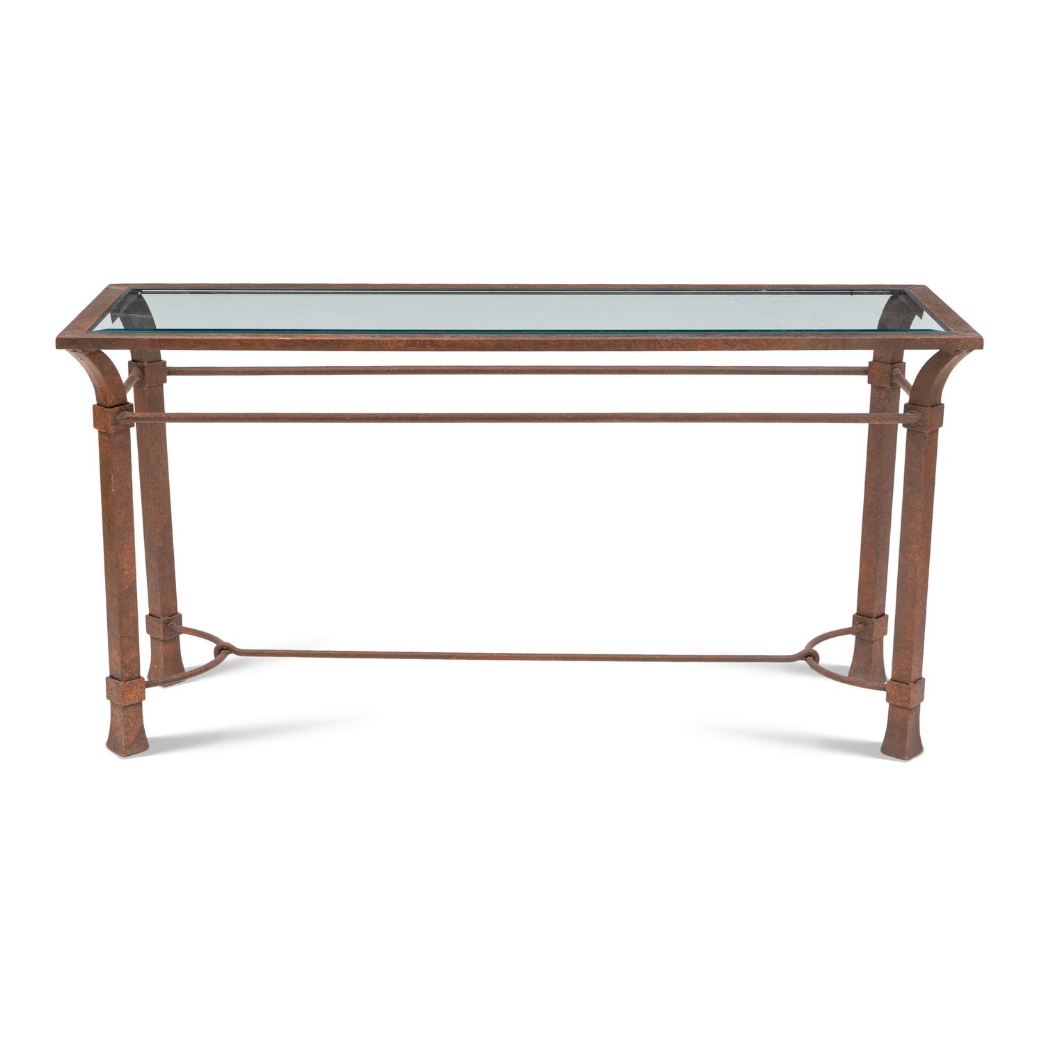 A Patinated Iron and Glass Console Table