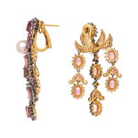 LAURA MUNDER, COLORED SAPPHIRE, DIAMOND AND CULTURED PEARL EARCLIPS