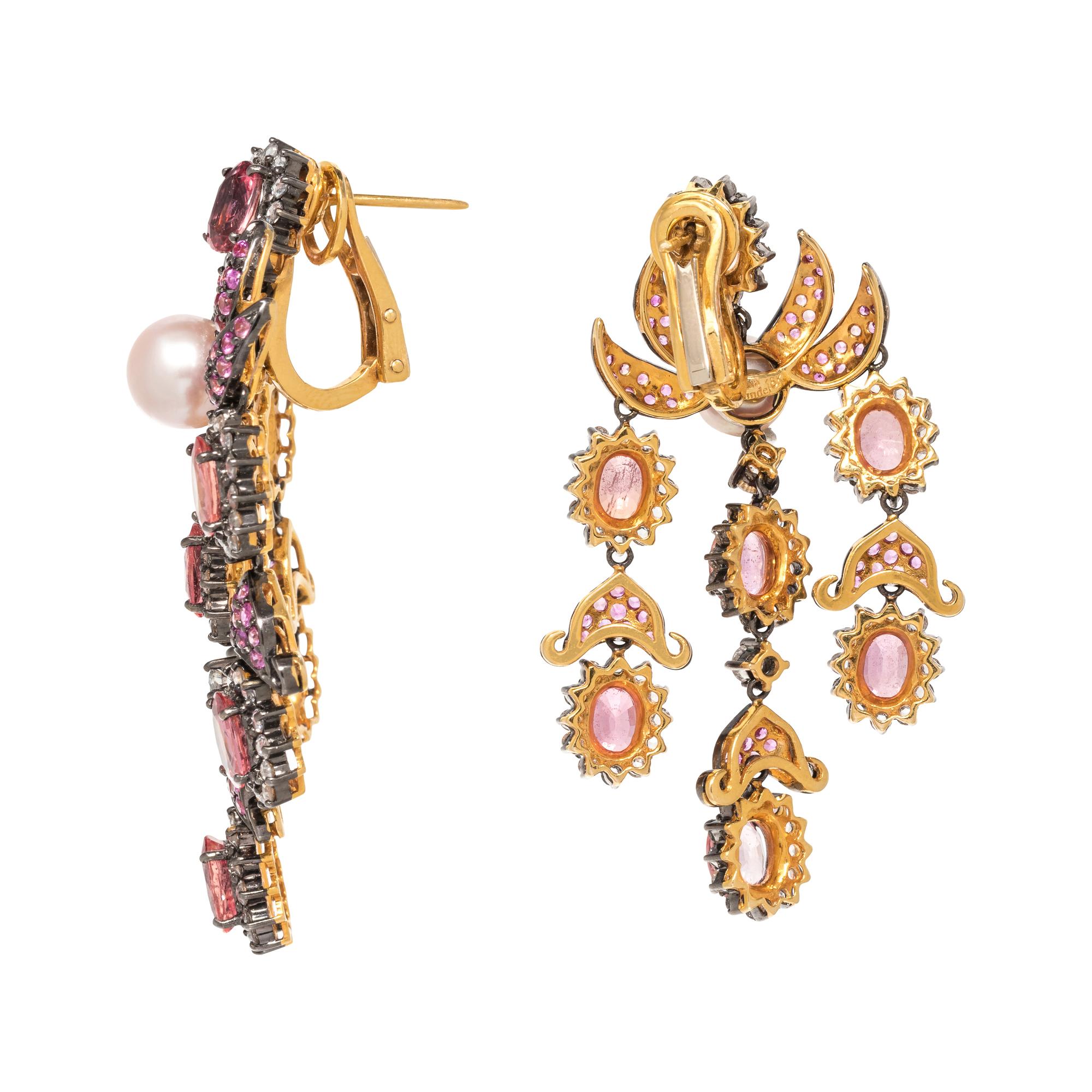 LAURA MUNDER, COLORED SAPPHIRE, DIAMOND AND CULTURED PEARL EARCLIPS