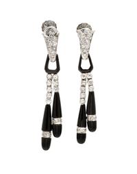 A Pair of Platinum, Onyx and Diamond Earclips, 4.00 dwts.