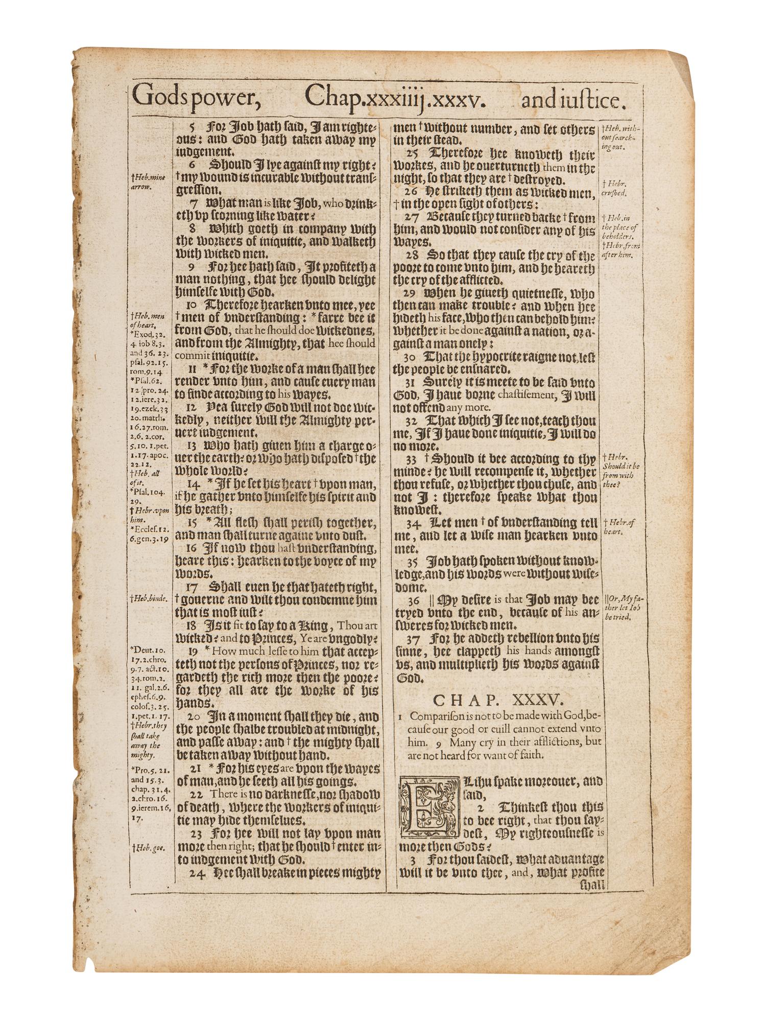 [LEAVES - BIBLE, in English]. Two consecutive leaves from The Holy Bible , King James' Pulpit version. [London: printed by Robert Barker,] 1611. FIRST EDITION.