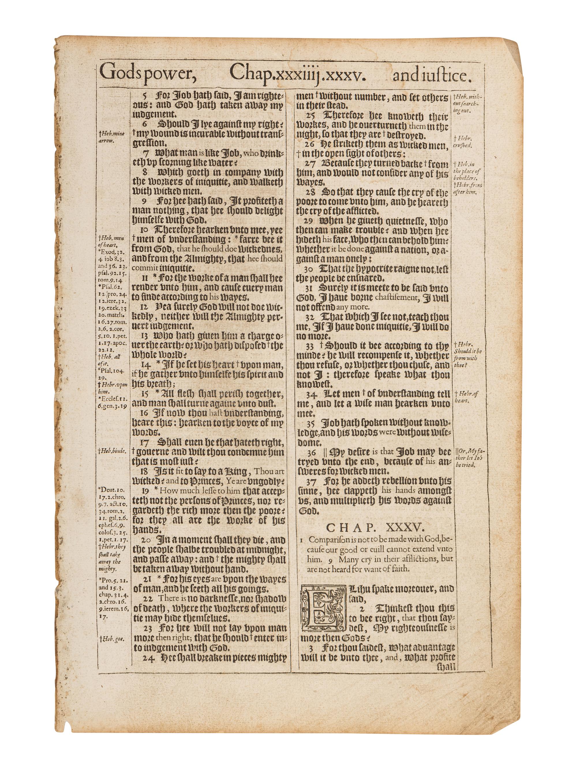 [LEAVES - BIBLE, in English]. Two consecutive leaves from The Holy Bible , King James' Pulpit version. [London: printed by Robert Barker,] 1611. FIRST EDITION.