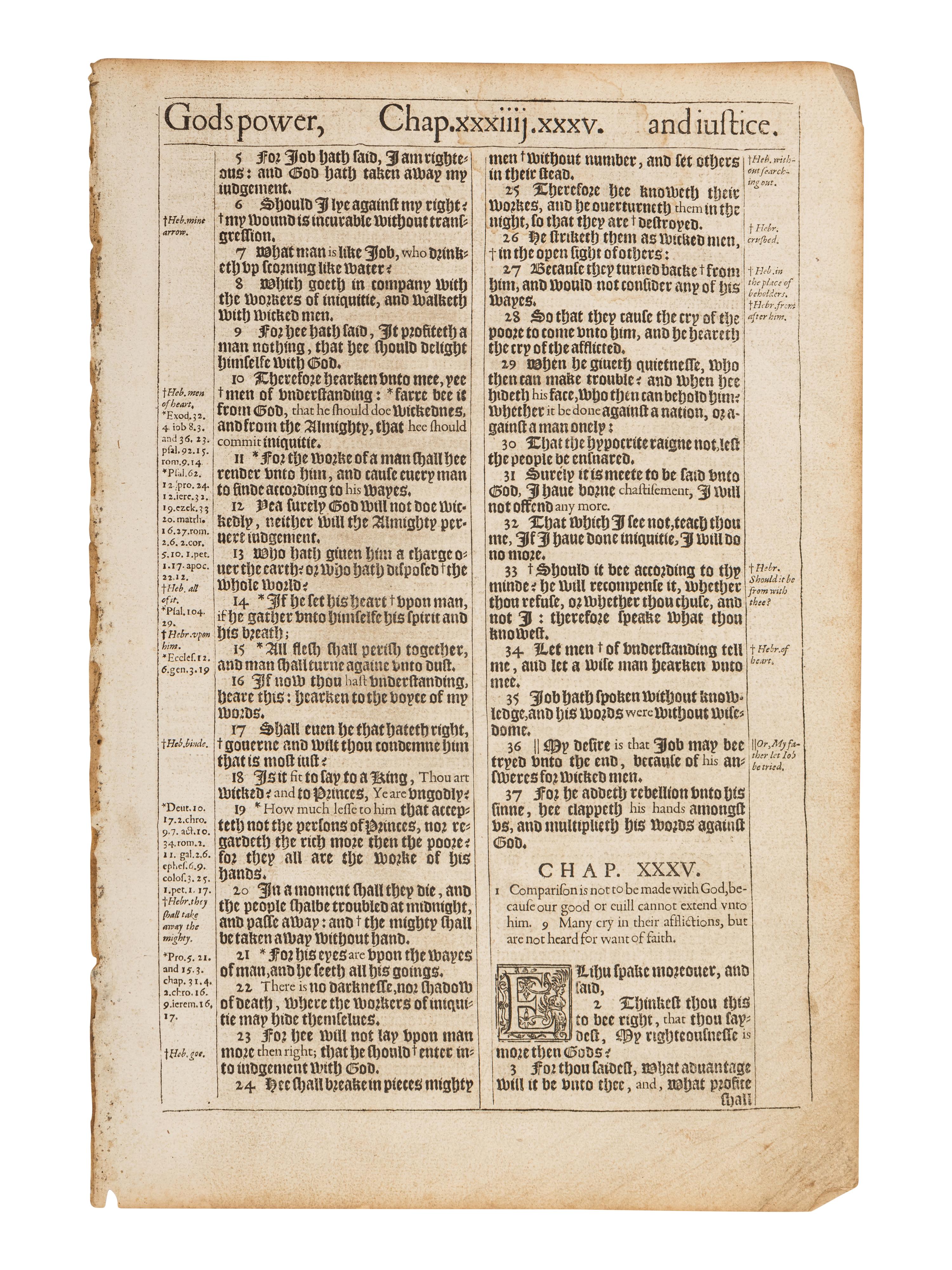 [LEAVES - BIBLE, in English]. Two consecutive leaves from The Holy Bible , King James' Pulpit version. [London: printed by Robert Barker,] 1611. FIRST EDITION.
