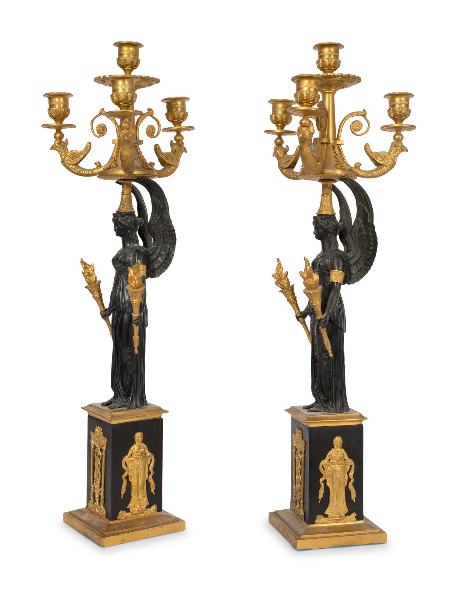 A Pair of Empire Style Gilt and Patinated Bronze Three-Light Candelabra