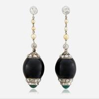 A pair of onyx, diamond, pearl, emerald, and white gold ear pendants
