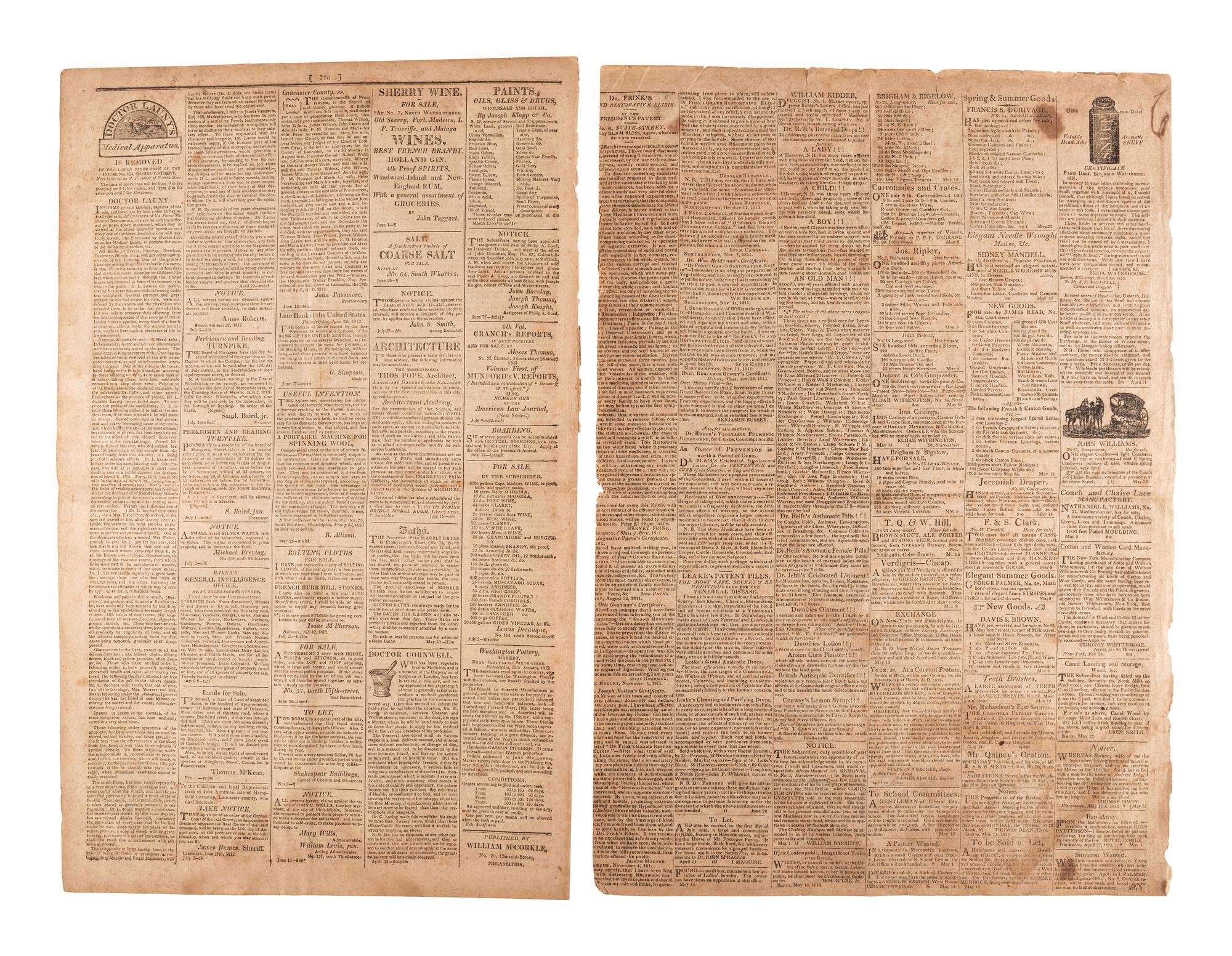[WAR OF 1812]. A group of 7 newspapers printed before and during the War of 1812-period, incl. reports on the military, politics, and advertisements for enslaved African Americans.
