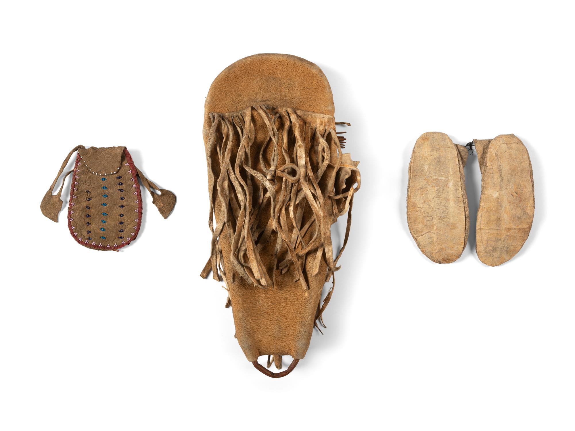Paiute Doll Cradle, Apsáalooke [Crow] Child's Moccasins, and Beaded Pouch