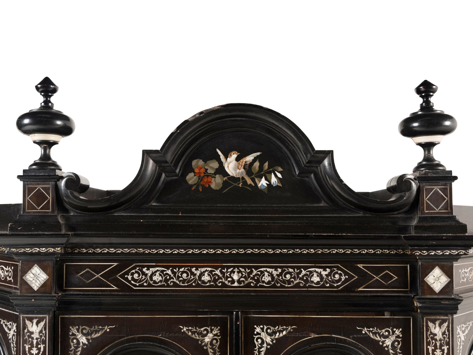 An Italian Marquetry and Pietra Dura Plaque Mounted Ebonized Cabinet