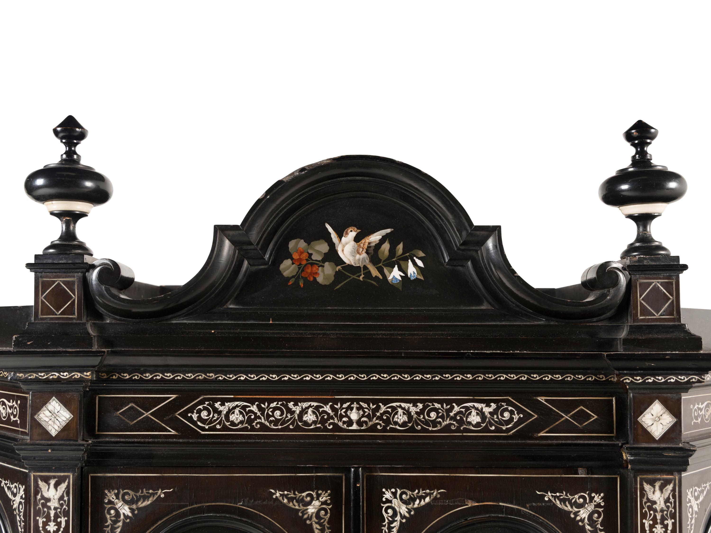 An Italian Marquetry and Pietra Dura Plaque Mounted Ebonized Cabinet