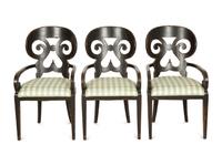 A Set of Six Continental Black Lacquer Scroll Back Armchairs
