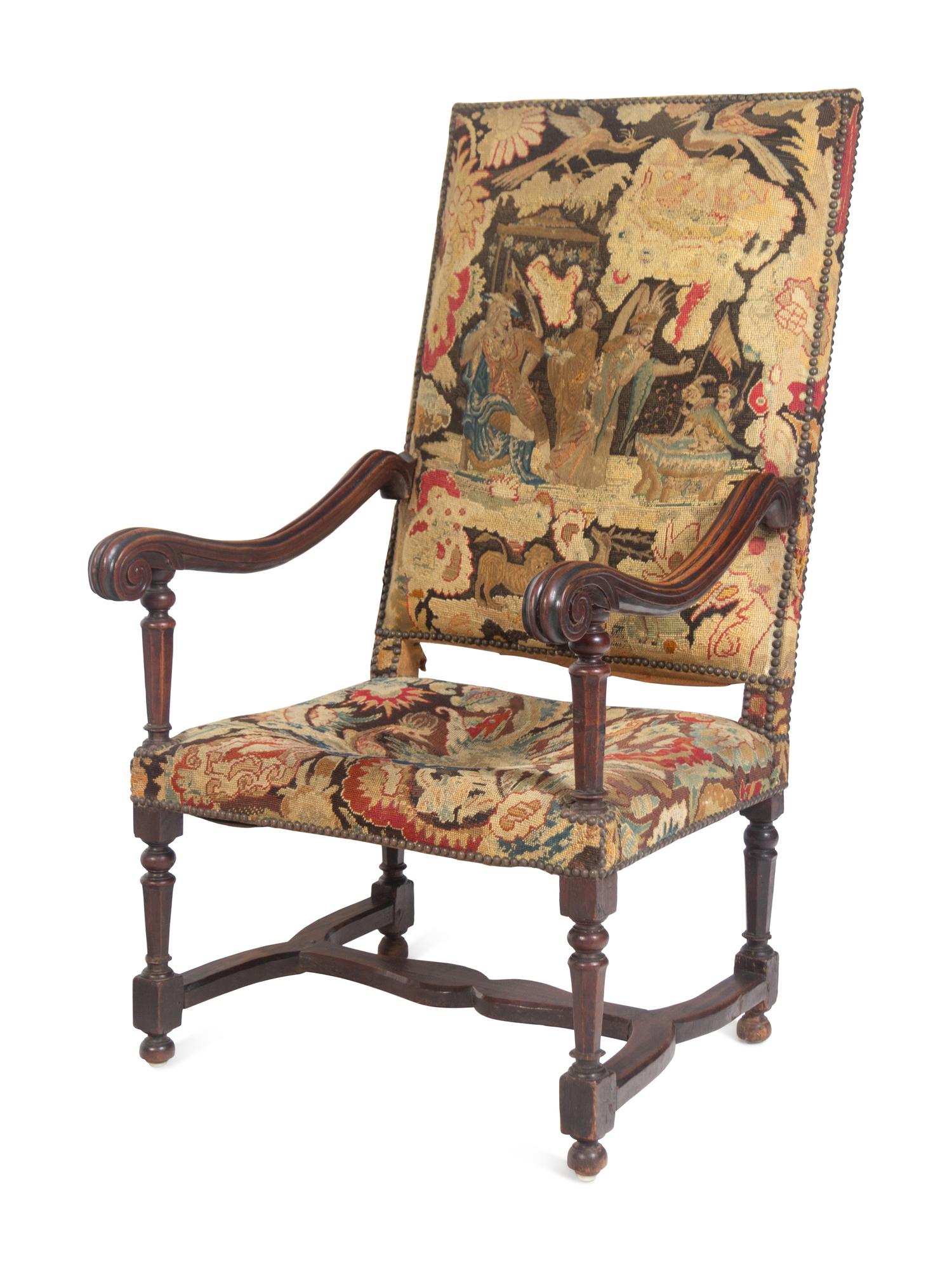 Two William and Mary Walnut Armchairs with Tapestry Upholstery