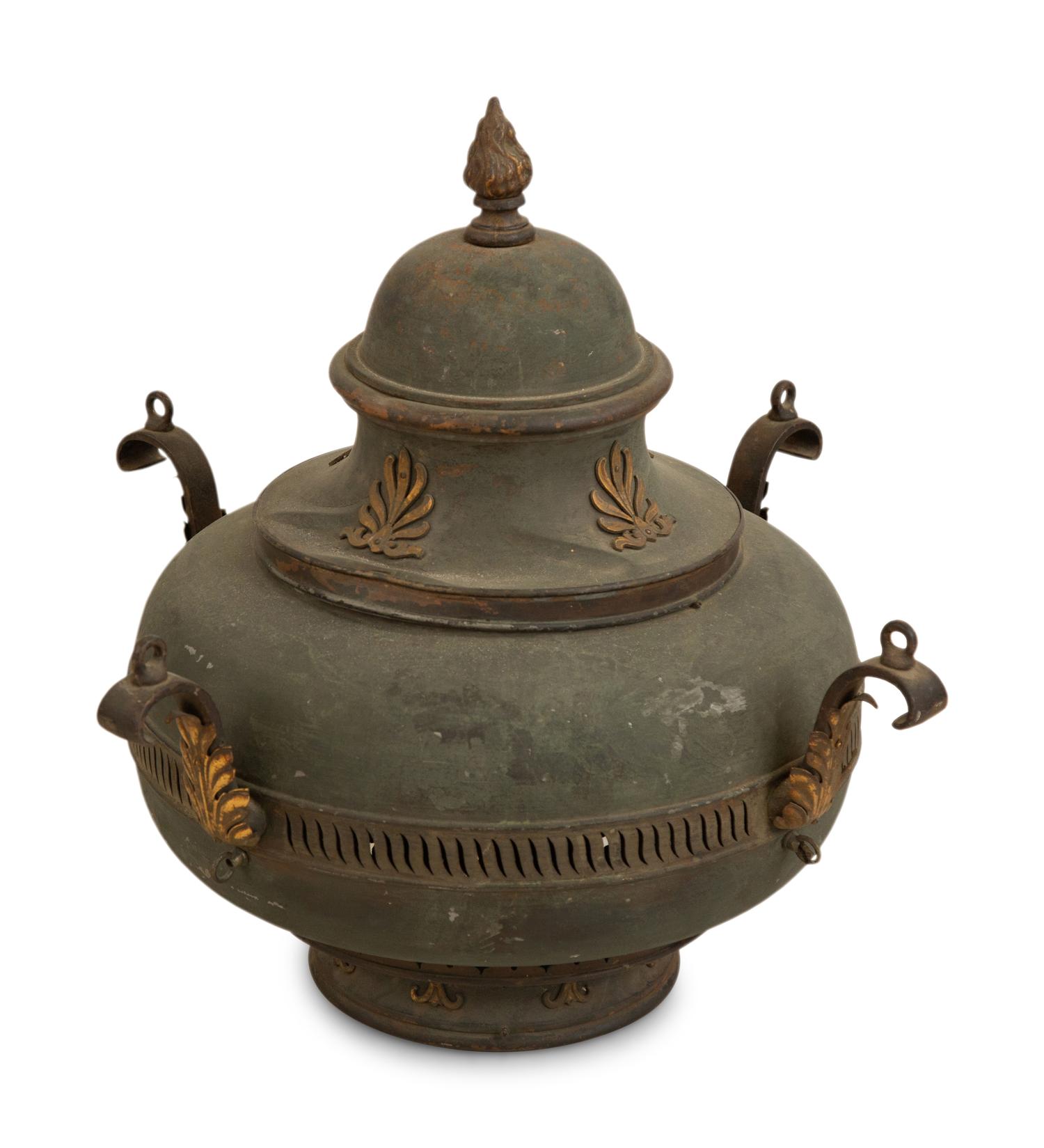An Empire Style Tole Peint and Iron Brazier with Flame Finial