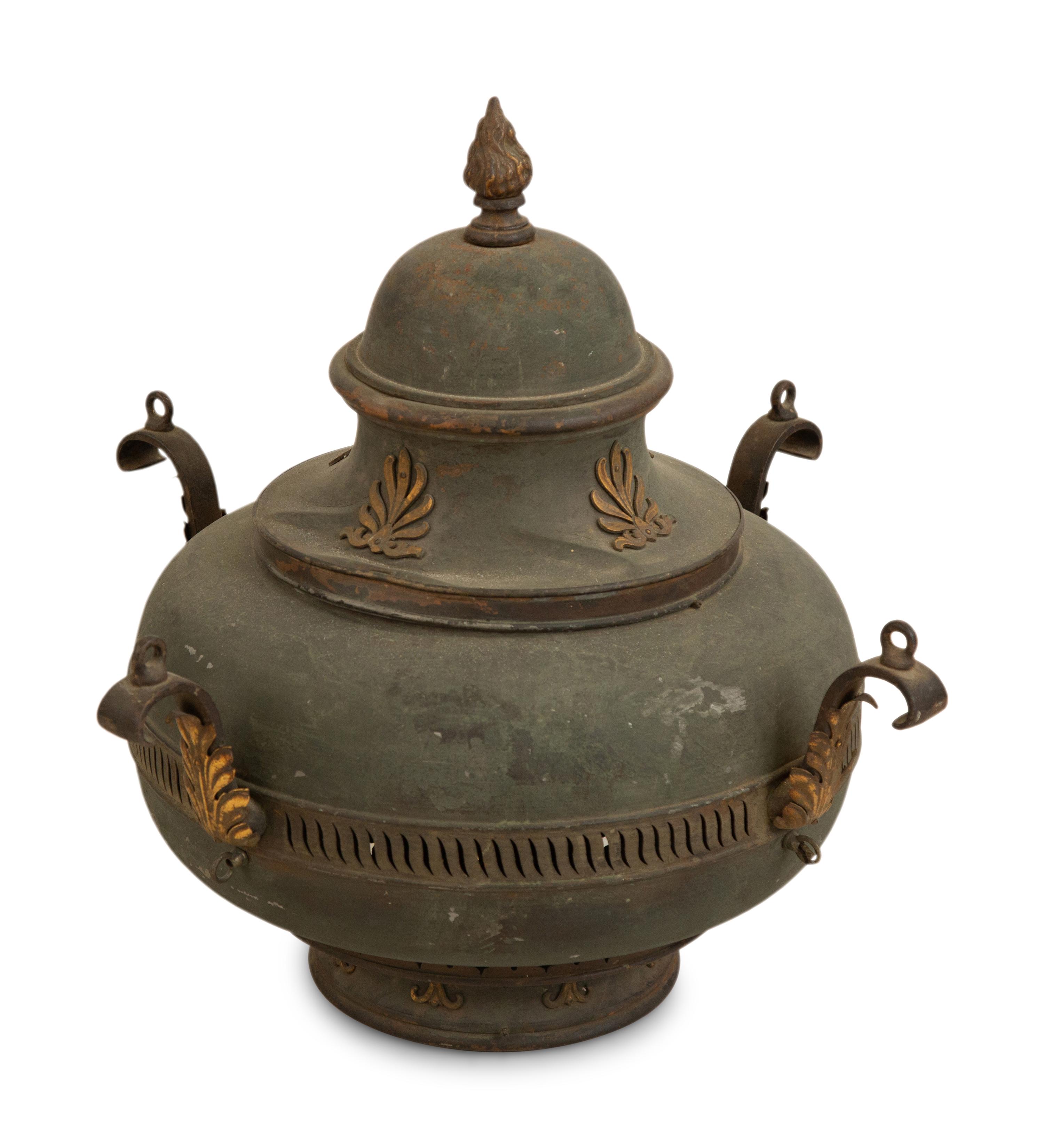 An Empire Style Tole Peint and Iron Brazier with Flame Finial