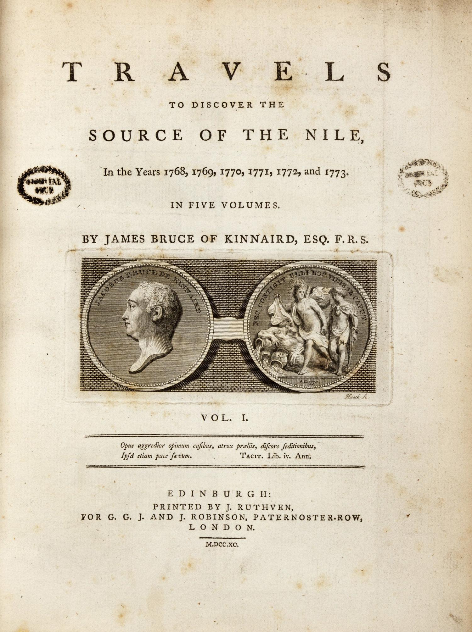 BRUCE, James (1730-1794). Travels to Discover the Source of the Nile, in the Years 1768...1773 . -- Select Specimens of Natural History collected... [Appendix]. Edinburgh: G. G. J. & J. Robinson, 1790.
