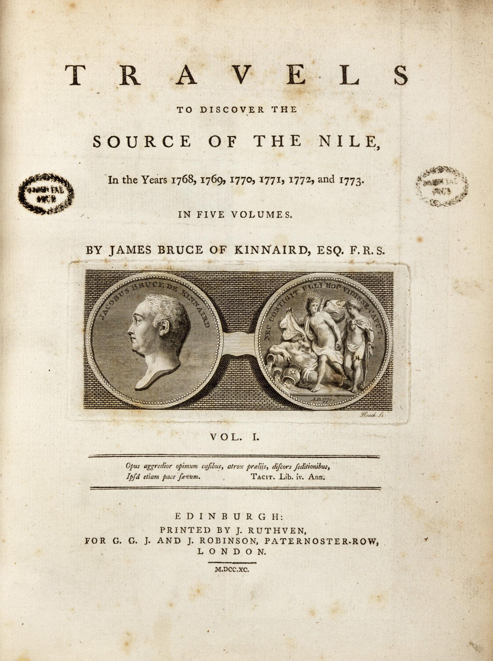 BRUCE, James (1730-1794). Travels to Discover the Source of the Nile, in the Years 1768...1773 . -- Select Specimens of Natural History collected... [Appendix]. Edinburgh: G. G. J. & J. Robinson, 1790.