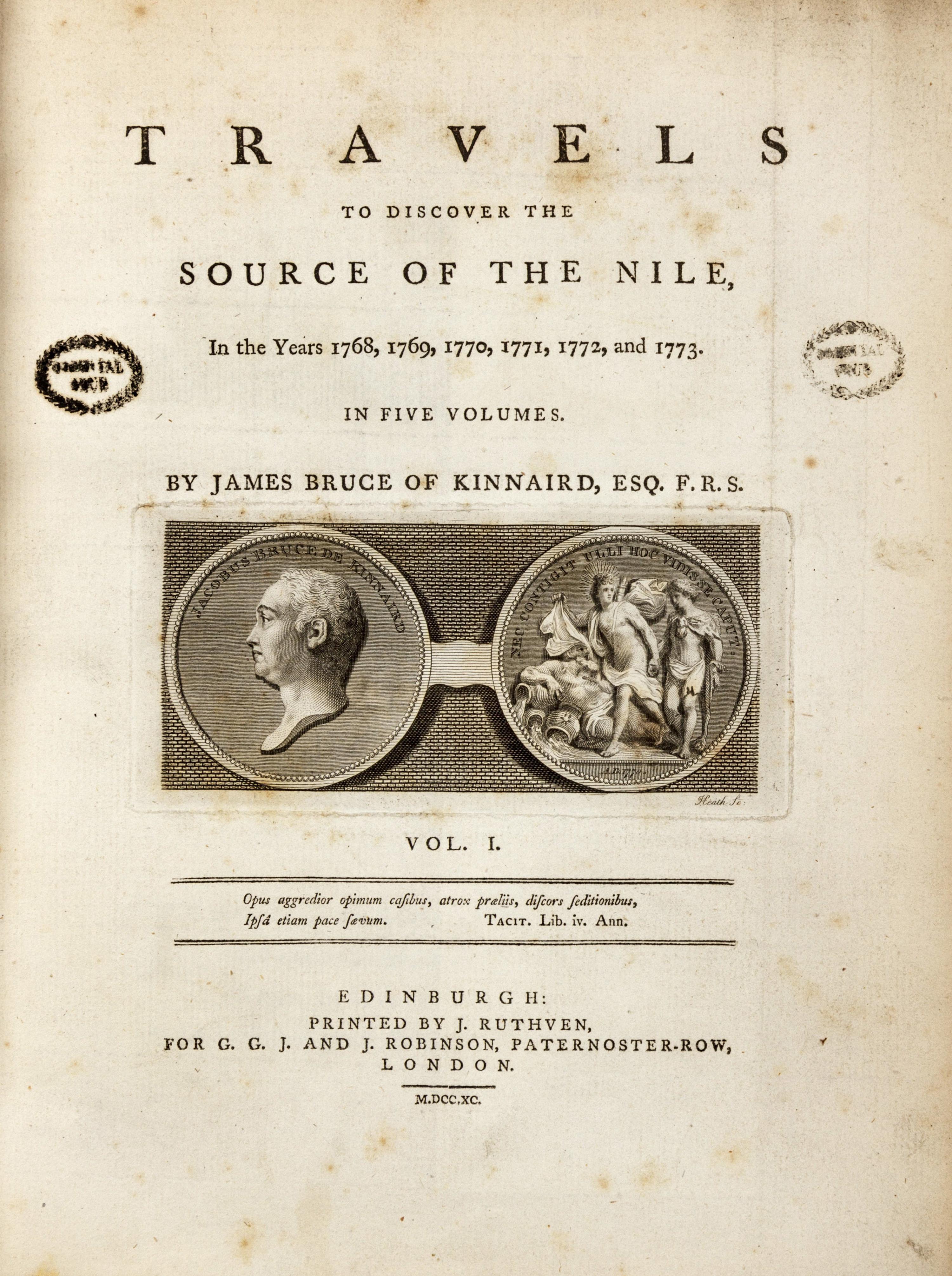 BRUCE, James (1730-1794). Travels to Discover the Source of the Nile, in the Years 1768...1773 . -- Select Specimens of Natural History collected... [Appendix]. Edinburgh: G. G. J. & J. Robinson, 1790.