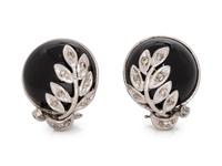 A Pair of 14 Karat White Gold, Onyx and Diamond Earclips,