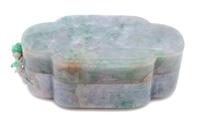 A Carved Jadeite Covered Box Height 2 1/2 x width 6 3/4 x depth 3 1/2 inches. — LATE 19TH/EARLY 20TH CENTURY