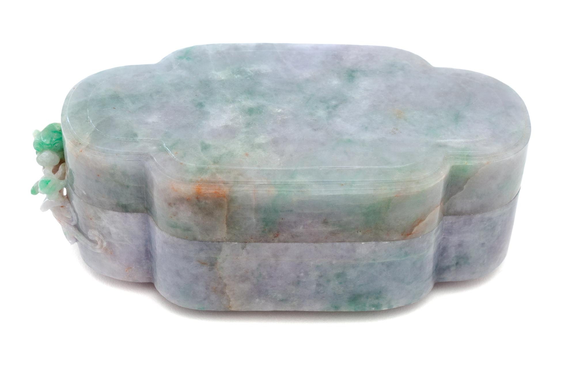 A Carved Jadeite Covered Box Height 2 1/2 x width 6 3/4 x depth 3 1/2 inches. — LATE 19TH/EARLY 20TH CENTURY