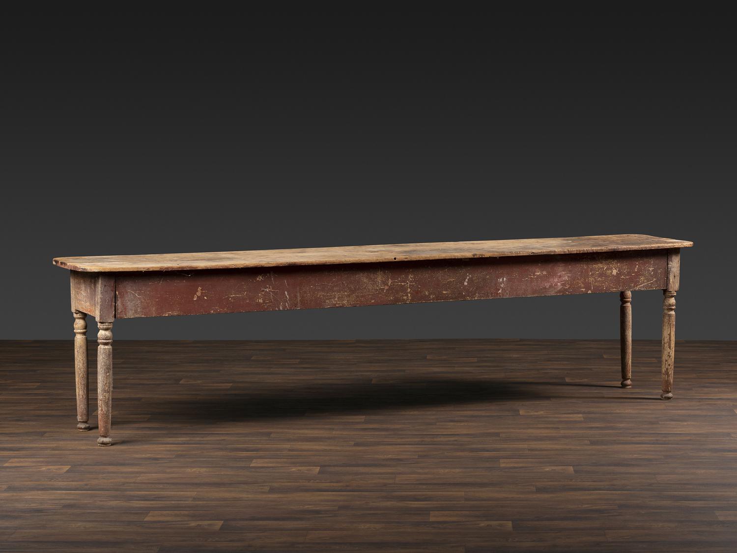 A Country Red Painted Scrubbed Single-Plank Top Pine Harvest Table