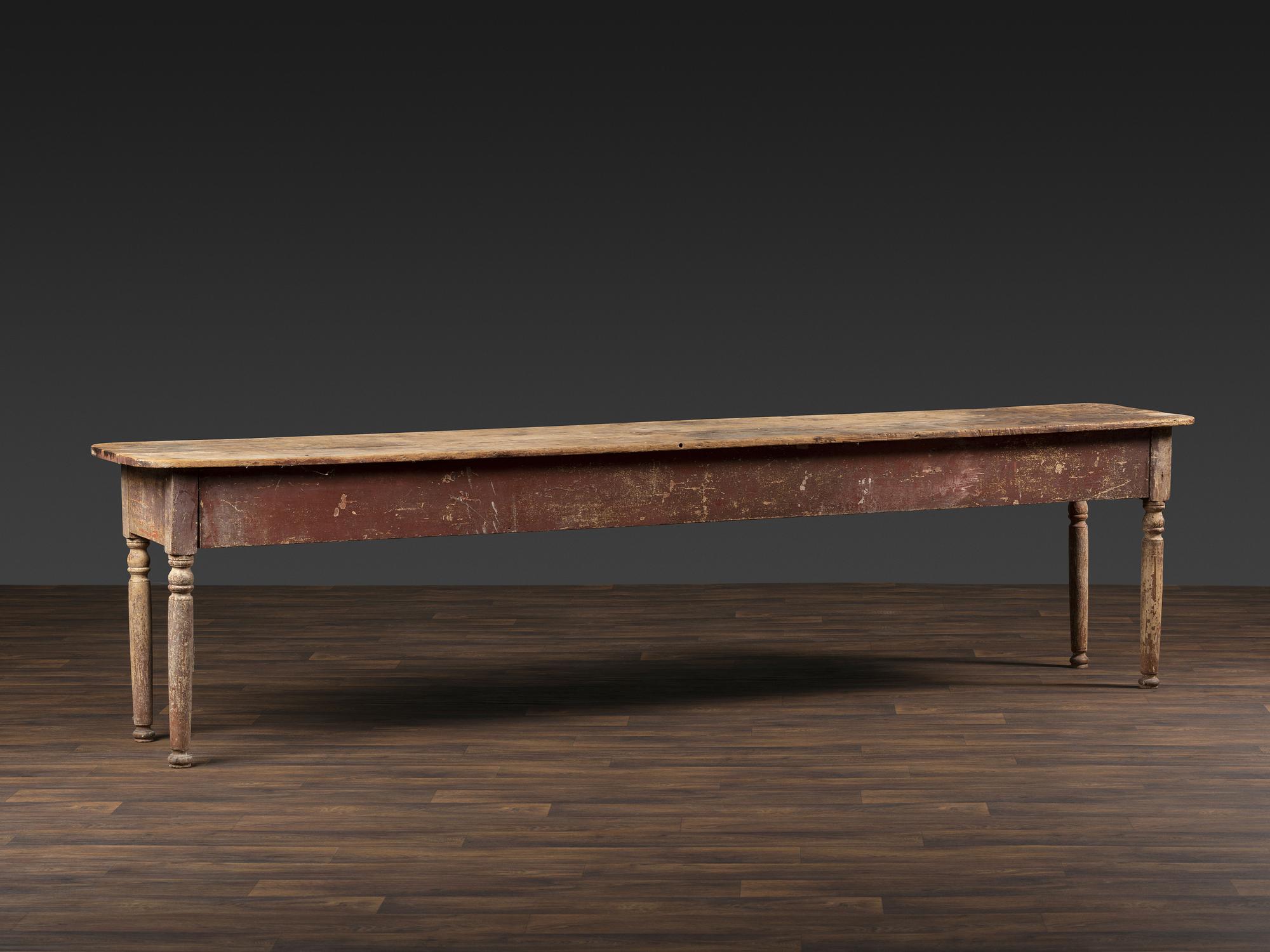 A Country Red Painted Scrubbed Single-Plank Top Pine Harvest Table