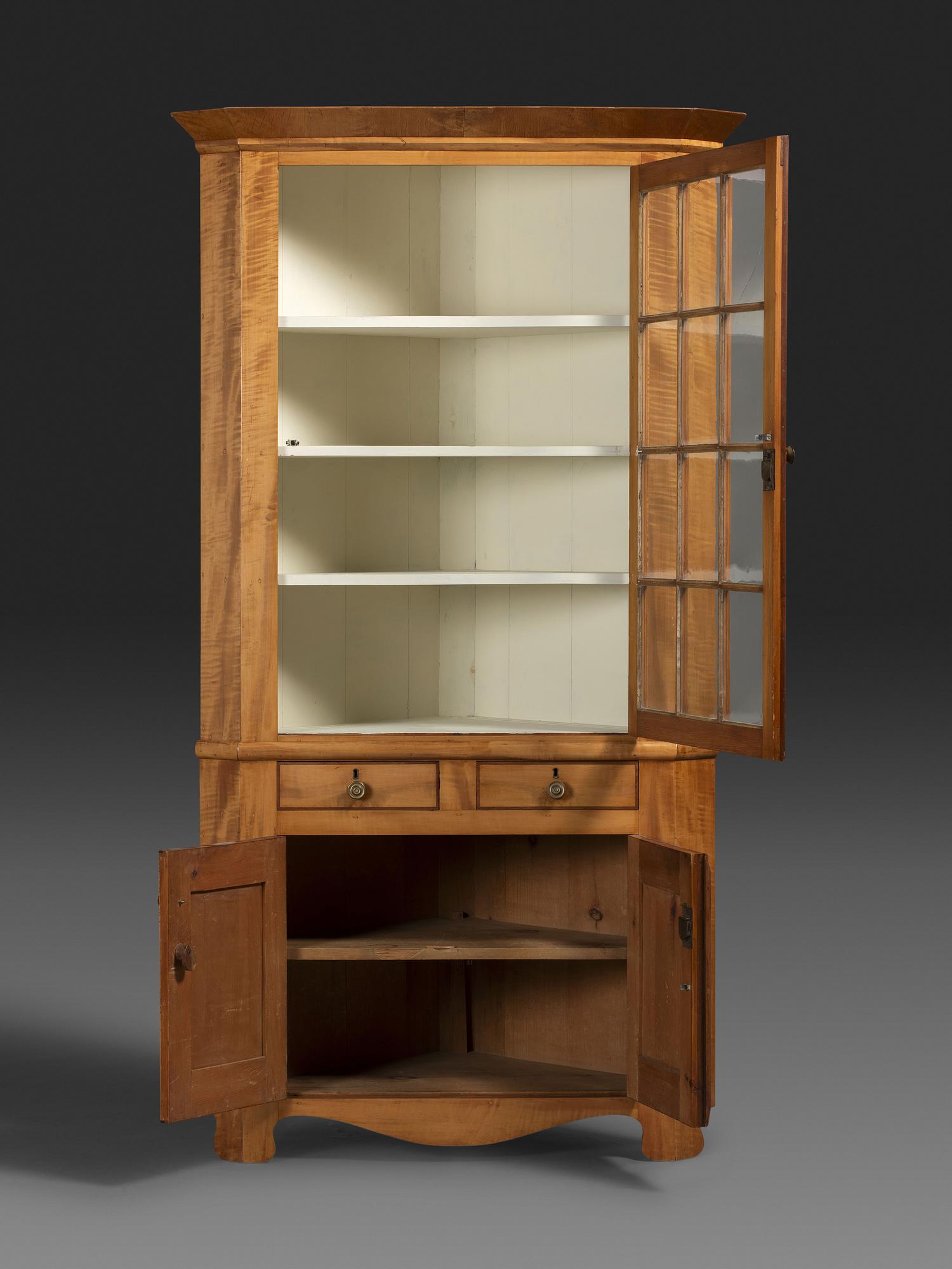 A Country Federal Bird’s Eye and Tiger Maple Corner Cupboard