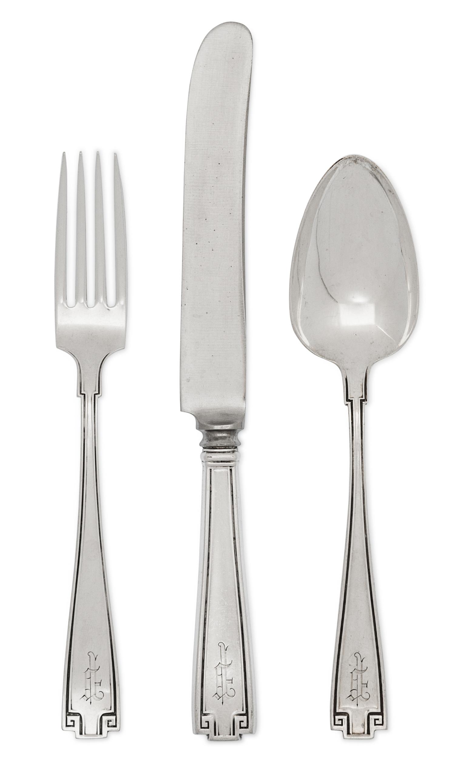 An American Silver Flatware Service, Gorham Mfg. Co., Providence, RI, Circa 1900, Etruscan pattern, engraved with initial P, comprising