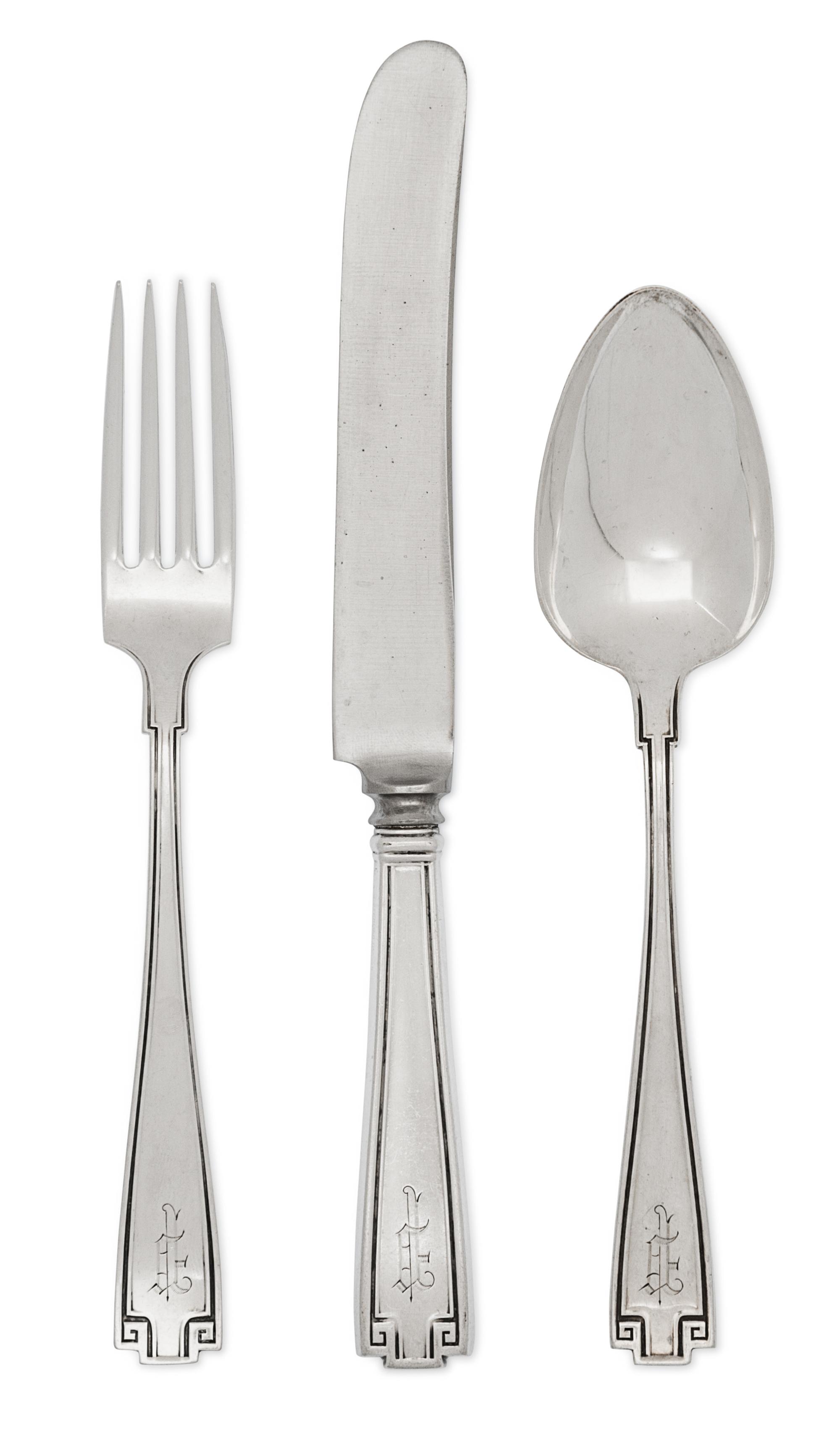 An American Silver Flatware Service, Gorham Mfg. Co., Providence, RI, Circa 1900, Etruscan pattern, engraved with initial P, comprising